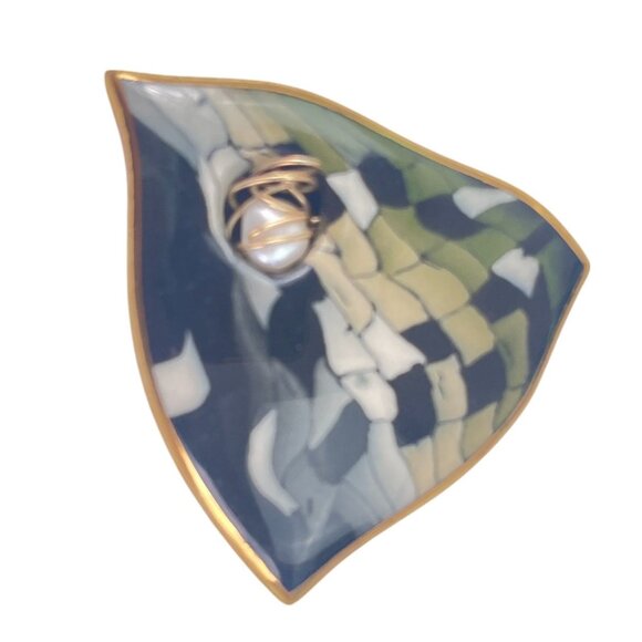 Unique Leaf-Shaped Ceramic Brooch With Gold Trim & Pearl Accent Modernist Leaf B - Picture 1 of 11